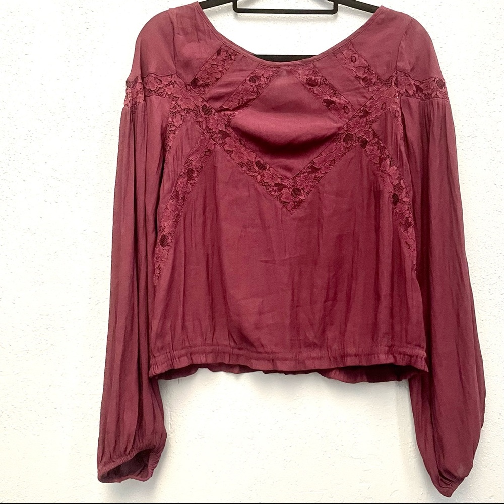 Free People Burgundy Lace Long Sleeve Blouse Size Medium